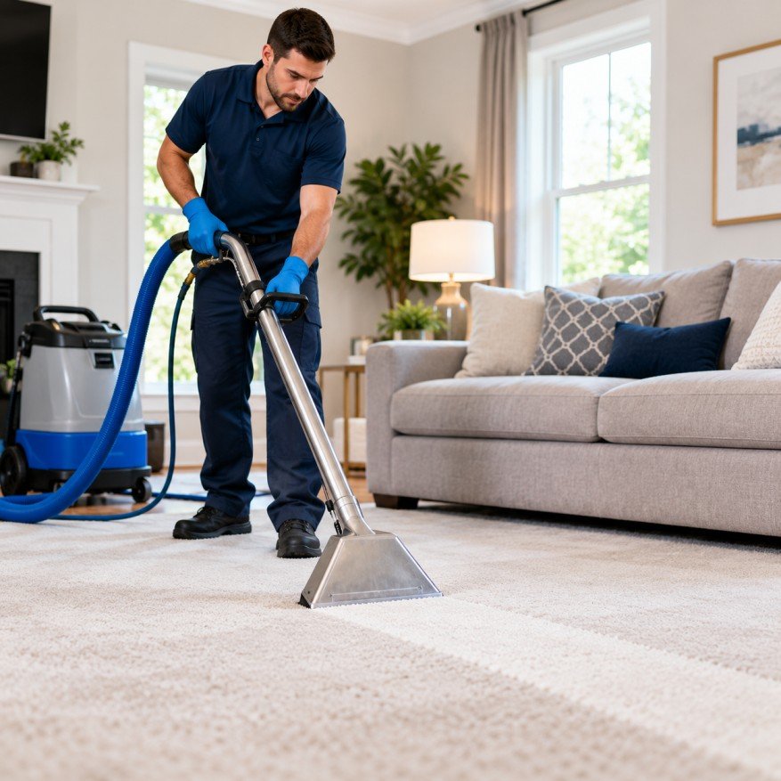 Professional carpet cleaner removing dirt from carpet in a n Oakville House
